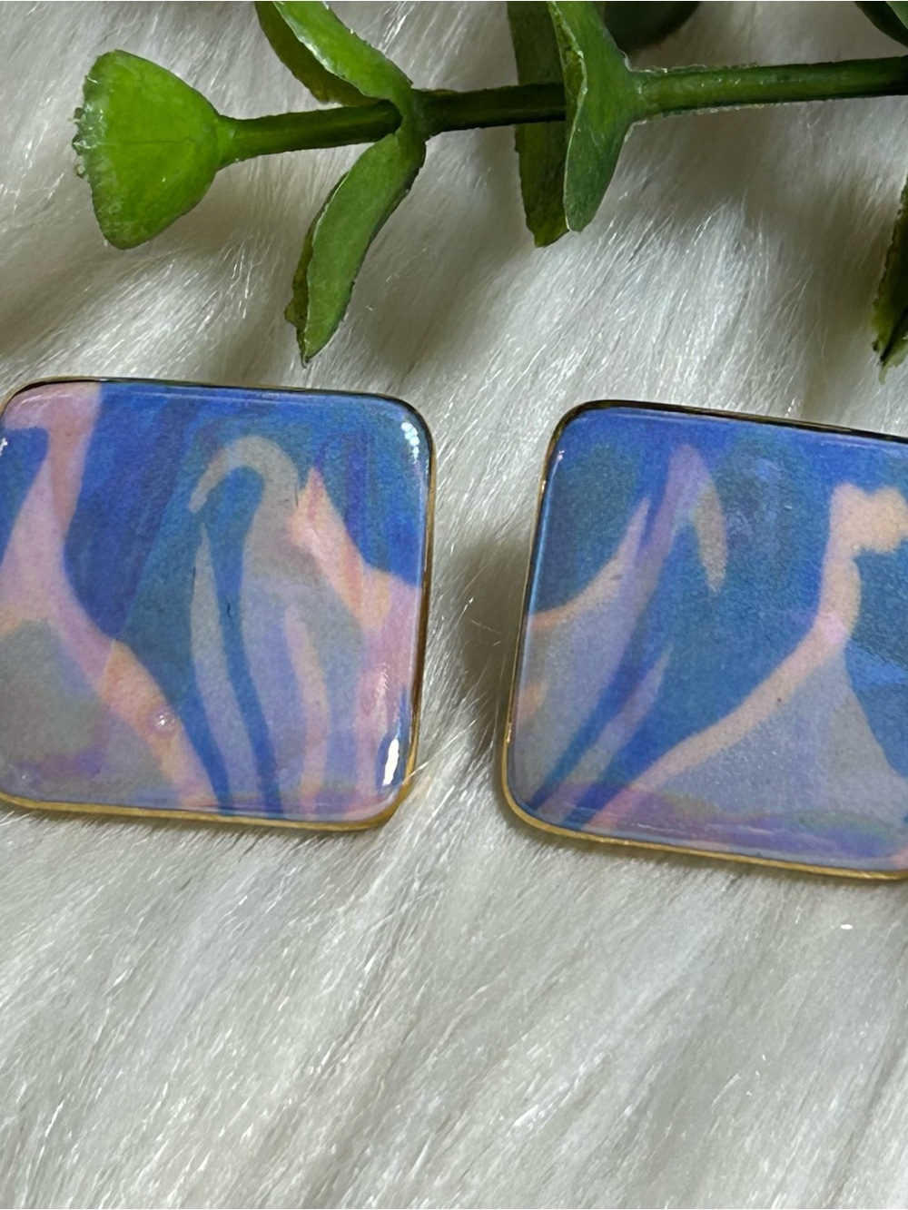 Vintage ceramic Blue Pink square foiled  Earrings